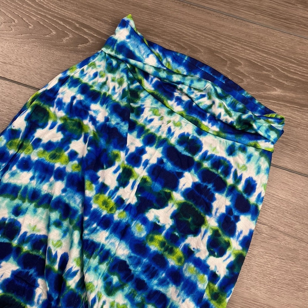 Renee C Women's Rayon Blend Stretchy Maxi Skirt Blue Green White Tie Dye‎ Large